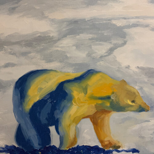 Oil painting of a solitary polar bear in front of thick clouds.