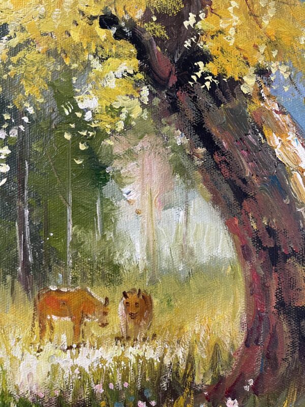 A landscape oil painting of the forest and deer in fall. A large tree is in the foreground to the right.