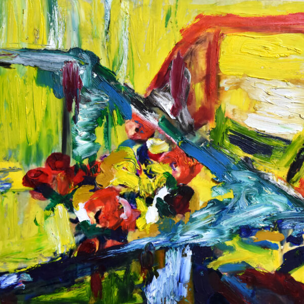 An abstract painting of flowers using warm vivid colors. The painting uses an different mixture of bright colors.