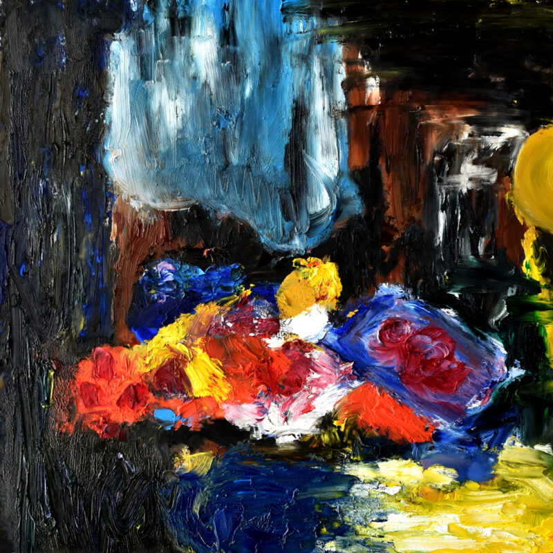 An abstract oil painting of flowers using vivid colors. The painting uses colors of black, blue, red, white, and yellow.