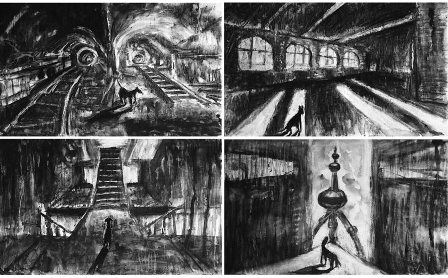 Charcoal drawing with 4 scenes of a dog trying to find it's way home from different, bleak locations