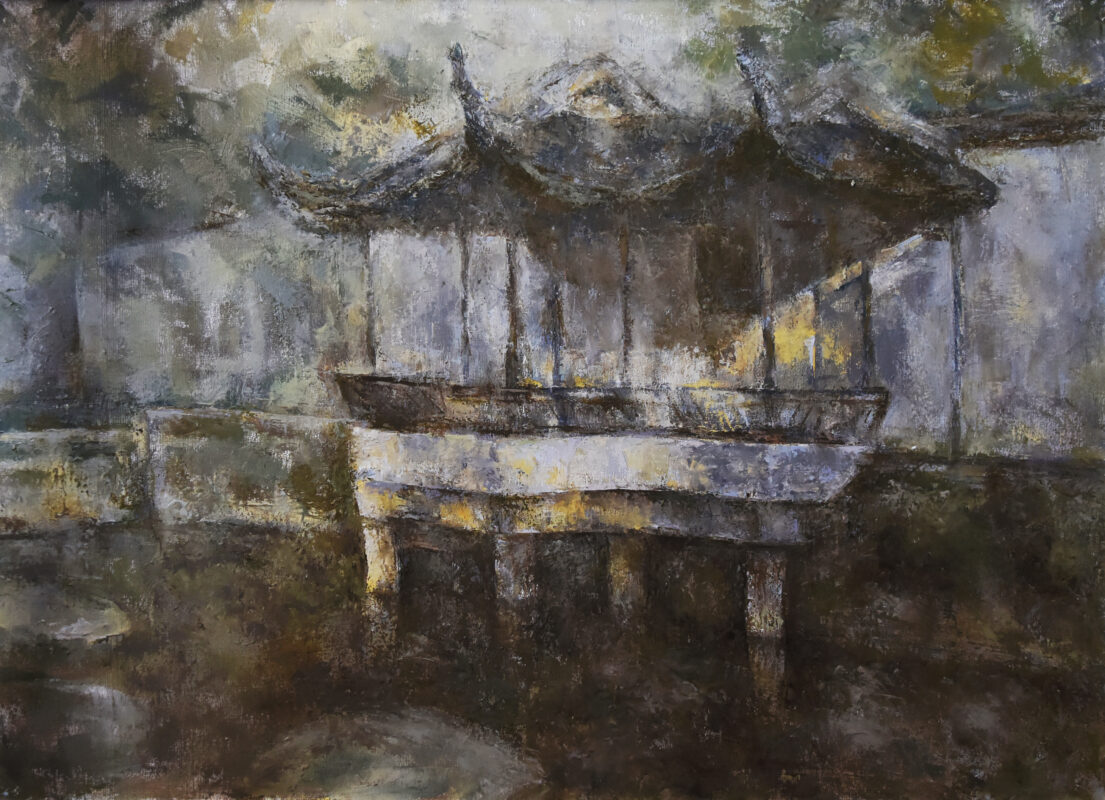 Oil painting of an ancient Chinese temple with a restricted palette mainly in dark earth colors with a few yellow areas