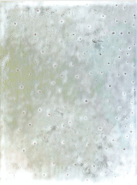 Oil painting with light green and white with pink dots spreading over the whole painting.
