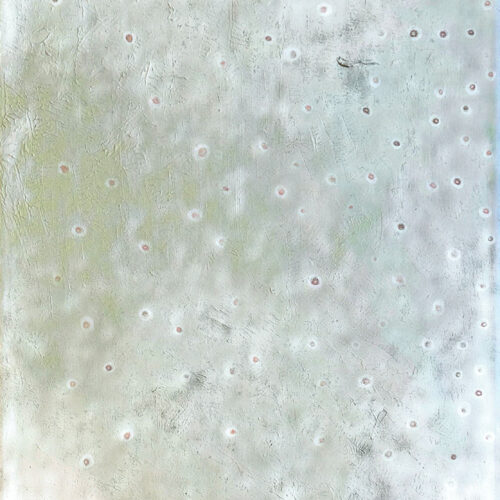 Oil painting with light green and white with pink dots spreading over the whole painting.