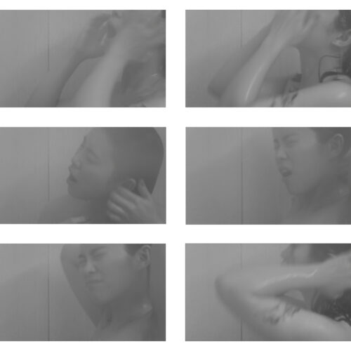 A grid of six gray scale video stills showing a persons head, face, shoulders and arms, possibly in a shower.