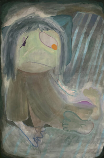 A painting depicting a figure seated on the ground. The figure gives an impression of sadness. The form has an animated feel and the eyes and facial features are all of different shapes. The colors are different shades of grade and muddy blue.