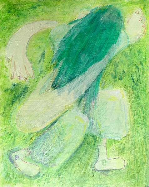 A painting depicting a figure in motion against a green background. The figure's form is animated and the body proportions are all different. The colors are different hues of green.