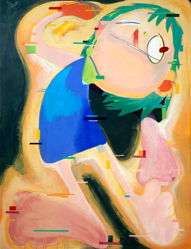 Painting by Yizhi Liu. Depicts a fictional figure with green hair and blue dress.