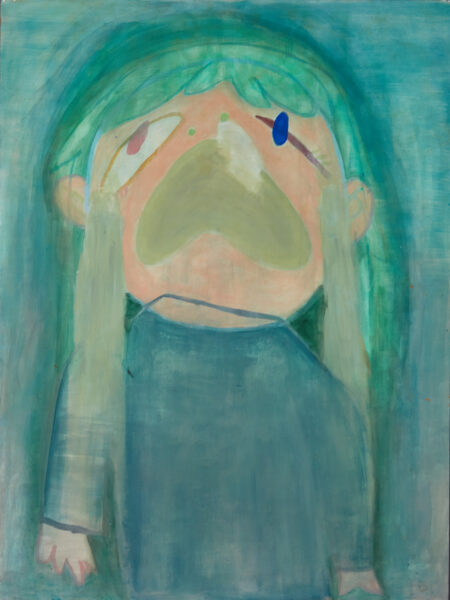 A painting depicting a figure against a blueish green background. The figure gives an impression of sadness with the mouth drawn in a way that it looks to be yelling or crying. The figures is painting in different shades of green that almost blend with the background.