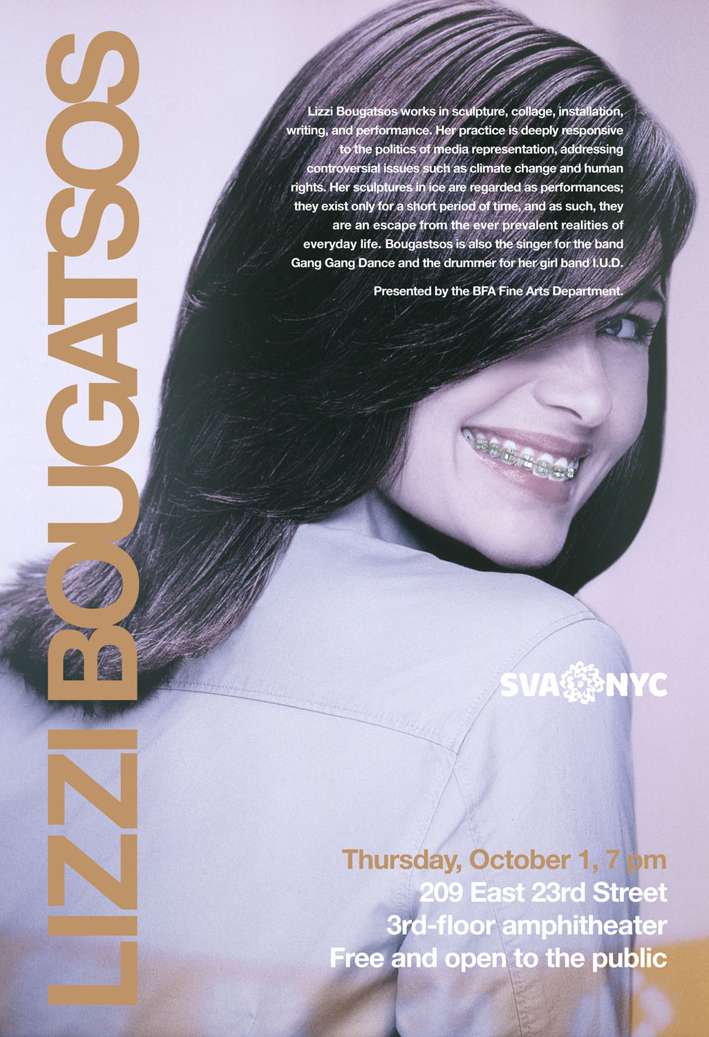 An advertisement for an exhibition at the 209 East 23rd Street, 3rd-floor amphitheater, titled Lizzi Bougatsos. The exhibition is on view from October 1, starting at 7 pm.
