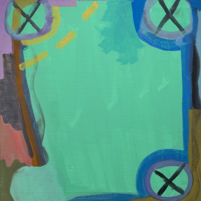Abstract painting with a bright green, blue, yellow dotted line, purple, grey, orange, and dark yellow and three X symbols in the upper left and right corner and the lower right corner.