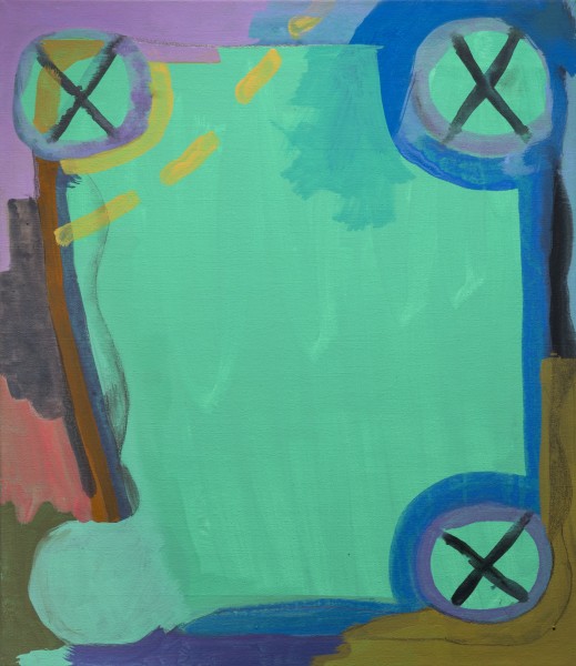 Abstract painting with a bright green, blue, yellow dotted line, purple, grey, orange, and dark yellow and three X symbols in the upper left and right corner and the lower right corner.