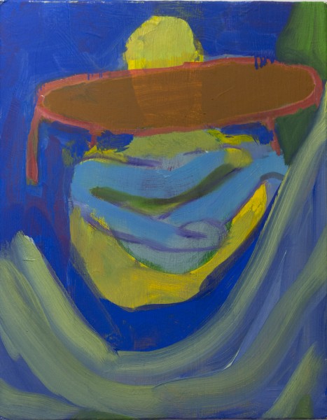 Abstract painting with a human-like bust shape with yellow and light blue colors, a horizontal oval and blue background.