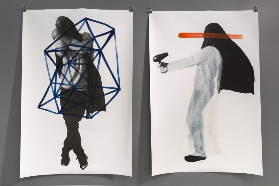 Two paintings installed on a black wall, one with a person standing and crossing their legs, and polygonal shapes are drawn over the body with blue lines, and the other painting represents a person standing with a hairdryer pointed to their face while the head is covered with black material and over the head is drawn a horizontal orange line
