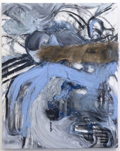Abstract painting with curved organic lines painted with blue, and black, and a splash of brown