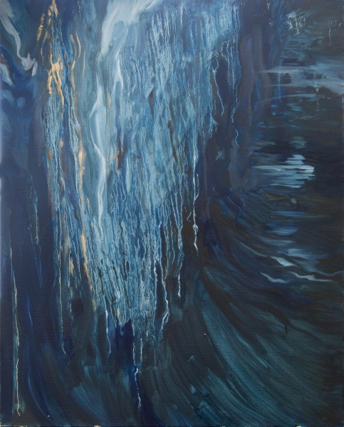 A representation of an abstract painting with curly vertical blue lines and multiple curved lines from vertical to horizontal painted in shades of blue, from dark to light blue