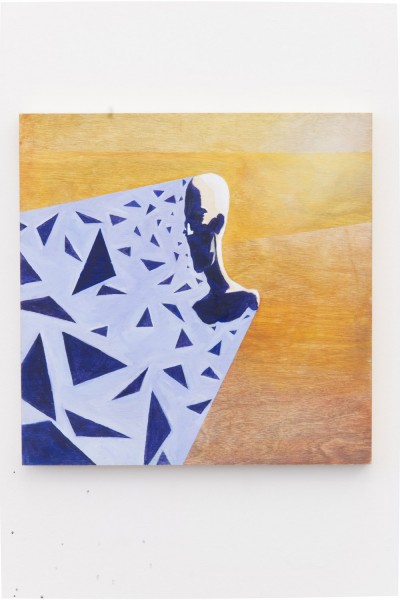 Abstract painting on a yellow-to-orange background and shapes with two straight lines united with a rounded line in the middle, and inside the shape is a bust portrait made with solid blue color and multiple polygonal blue shapes