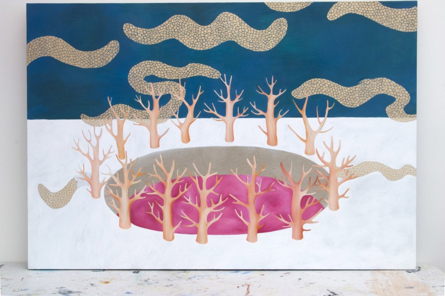 A landscape painting of a bunch of trees circling a pink pit. the surroundings of the pit and trees are white at the ground level and deep blue with golden clouds at sky level
