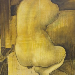 A painting of a nude body sitting with the back to the viewer, painted primarily in yellow with darker shades, in a room with one door on the left side and visible walls in the background