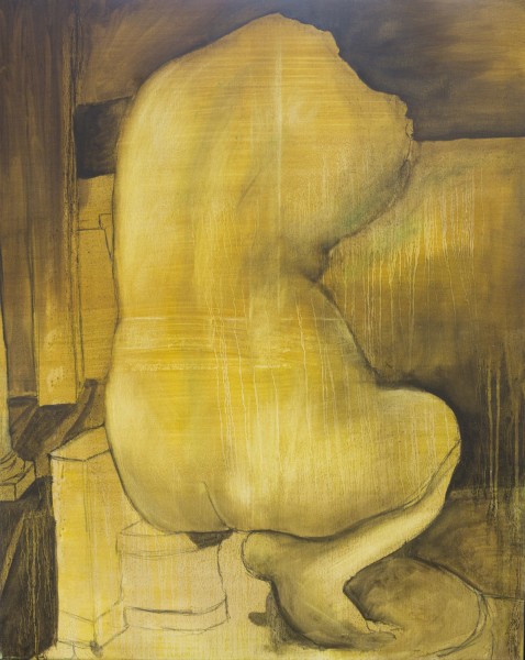 A painting of a nude body sitting with the back to the viewer, painted primarily in yellow with darker shades, in a room with one door on the left side and visible walls in the background