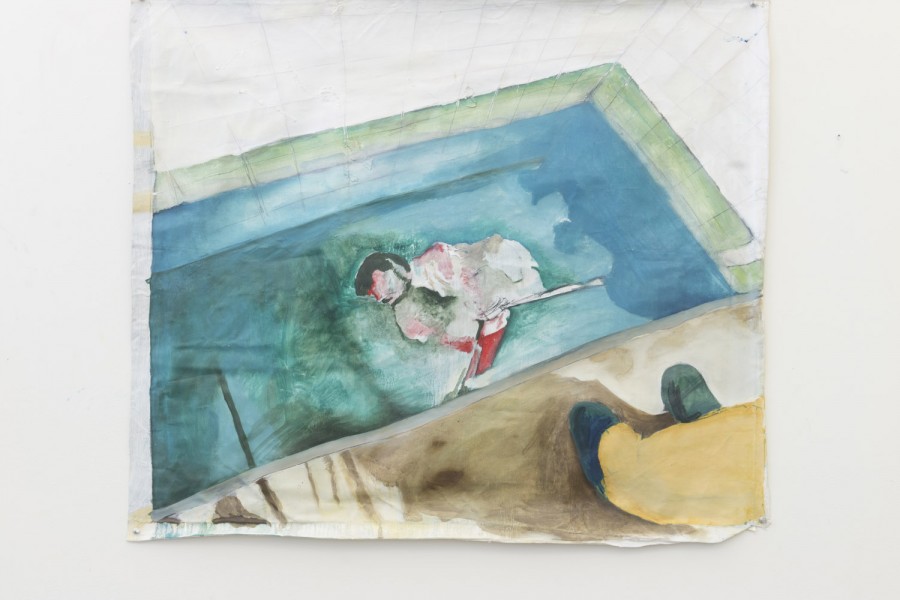 Watercolor painting representing the feet of a man standing near the edge of a cut portion of the floor painted in light blue with an organically shaped object in the middle.