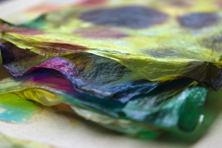 Close detail showing the texture of bacterial cellulose that has been treated with different dyes
