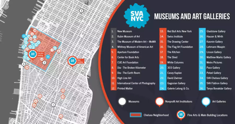 Map of Contemporary Art Museums, Art Galleries and Non-profit cultural institutions located near the BFA Fine Arts Building in Chelsea, New York. The map displays 36 locations organized by color and category.