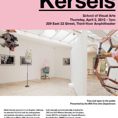 An advertisement for an exhibition at 209 East 23rd Street, 3rd-floor amphitheater, titled Martin Kersels. The exhibition is on view from April 2, 2015, starting at 7 pm.
