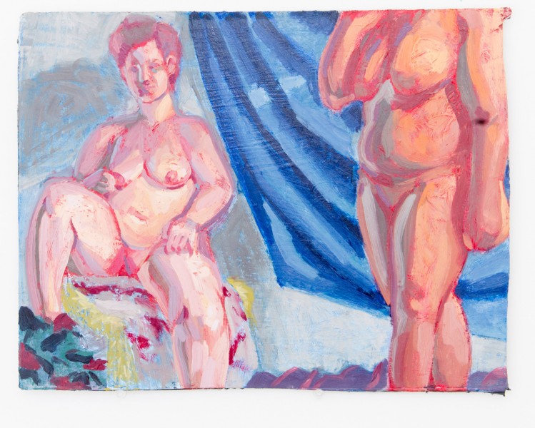 A nude painting of a woman in sitting position at the edge of the bed with legs spread, one leg bent and raised on the bed, the other one resting on the floor, hands resting on the upper part of legs, the bed is covered with a colorful and flowery blanket, and on the right side is painted in a standing position, being visible from the knees to the shoulders with a blue rug hanging behind it