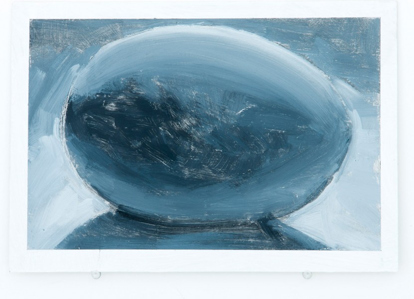 Abstract painting of an oval shape, like an egg, with a shadow cast in front of it. the predominant color is blue, with shades of light blue