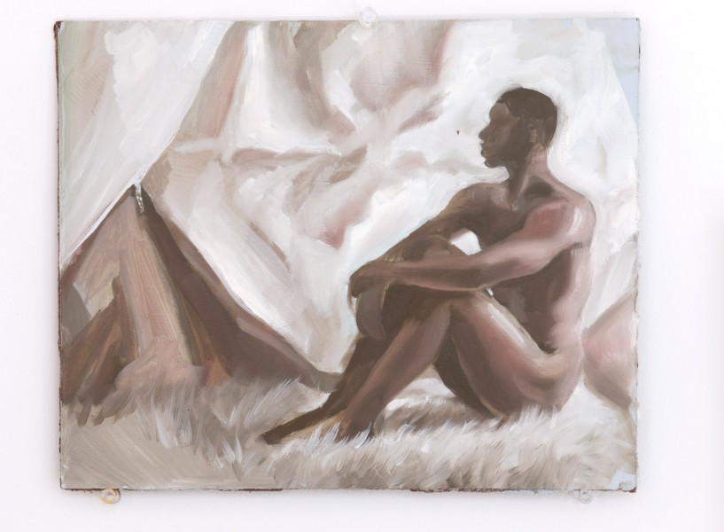A nude painting of a man sitting on the floor on a carpet, with legs bent near the chest and hands resting on the knees, with a white background