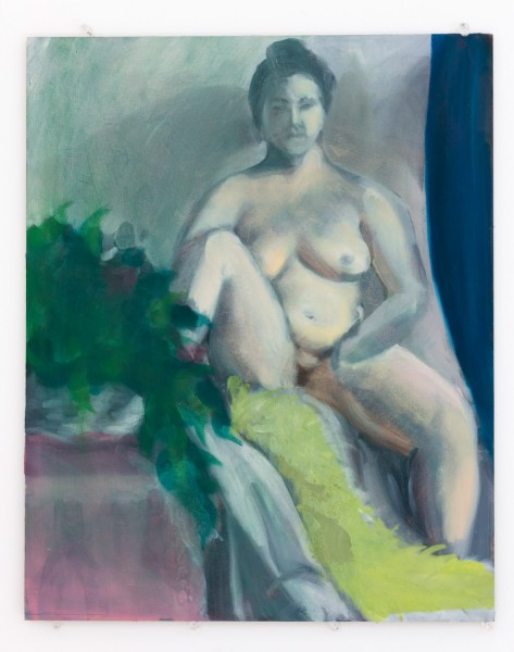 A portrait painting of a naked woman, sitting on the edge of the bed with legs spread and one head held on the inner tight of the right leg. The mattress has a green blanket on it and a white one. Also on the bed is a green pile on the left side.