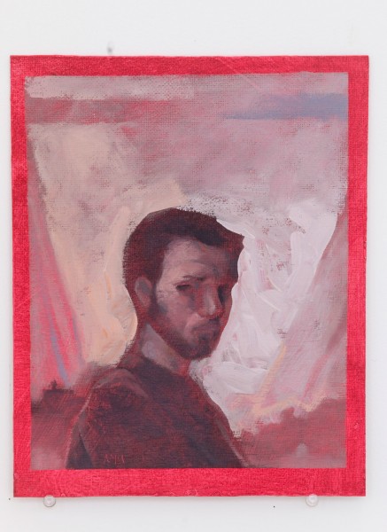 A portrait painting of a man in profile posing position, looking at the painter, with short hair and beard, wearing a dark color shirt, and a muted light ted background framed with a bright red outlining of the rectangular canvas