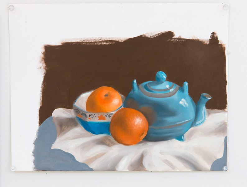 This is a painting representing static nature. There is a white rug on a blue table with an orange and a blue teapot and a blue bowl with another orange. The background color is brown, but the painting is not done on the entire canvas, the left side, left top corner, and the upper side is left blank for about an inch.