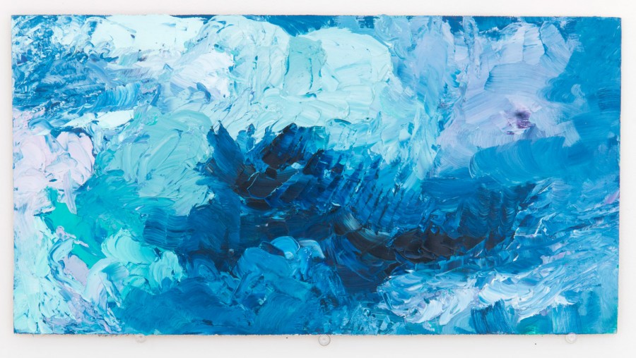 Abstract p[ainting with different shades of blue, from dark blue to light blue. Painting is made with brush strokes from the center to the edges of the canvas