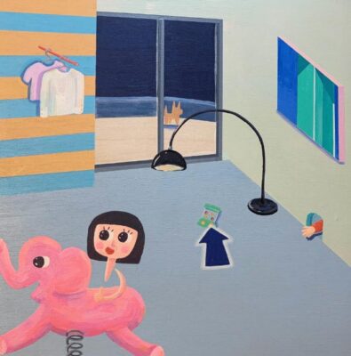 Painting of a girl riding a pink elephant in a grey room with a black lamp on the floor.