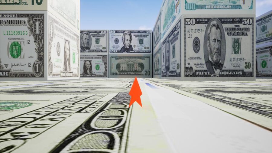 Virtual model of a maze made of fifty and hundred dollars bills.