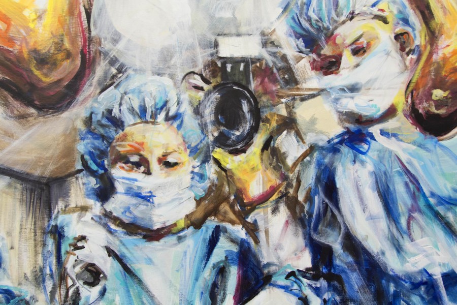 Oil painting of two medical personnel dressed up in surgical clothes and face mask and behind them is a black camera with a flash.