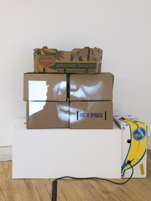 Sculpture made of stacked banana boxes.