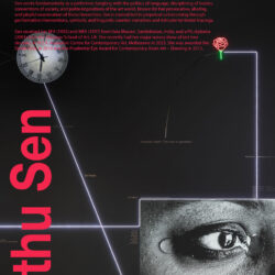 A poster advertisement for a visiting artist lecture with Mithu Sen. The poster shows a multimedia installation by Sen with the event text displayed over the photo in red. The installation shows a projection in the lower right corner, text printed on a black wall, a clock in the upper left corner, and a neon light shaped like a flower in the top right corner.