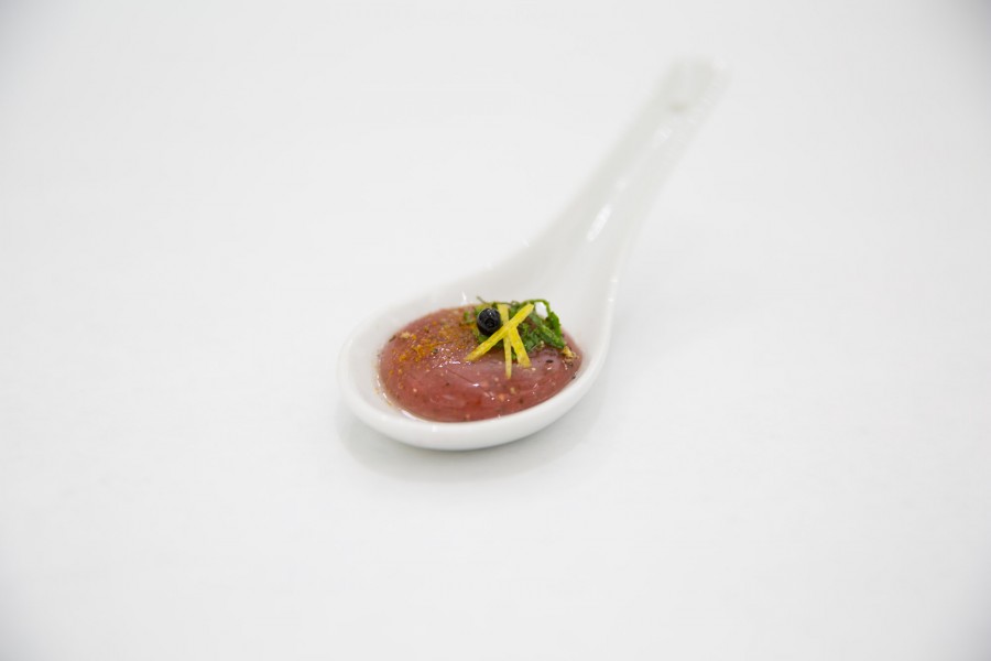 A view of a white ceramic spoon with a bright marron organic material.