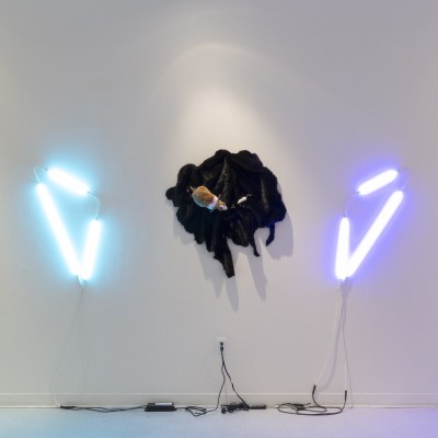 Installation view of black cloth on the wall with many objects and a cyan neon on the left side and a purple neon on the right side, both turned on.