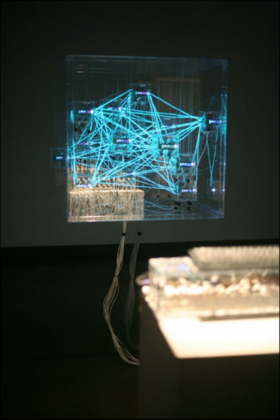 An installation by BFA Fine Arts student Muhammad Hafiz Wan Rosli incorporating 3D prints, custom electronics, plexiglass and EL wire.