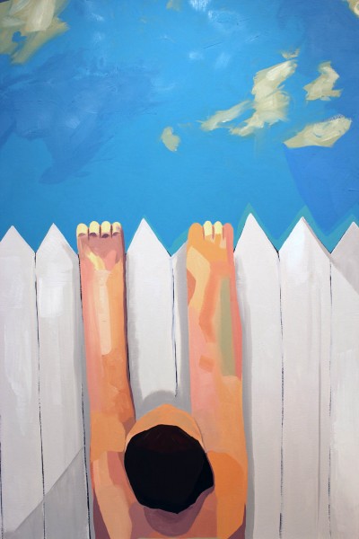 Oil Painting of a blue sky with white scattered clouds, white wooden fence with angled tips, and a person is holding on the tips of the fence. Painted by Dominic Musa