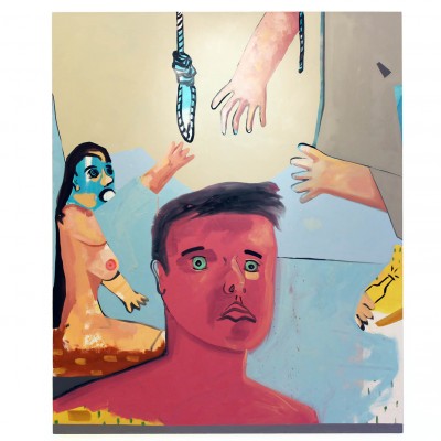 Oil painting with a portrait of a man with red skin and green eyes. Behind the man are a nude representation of a woman with blue color on her face and neck, three hands floating around the man portrait, a hang on the top of the painting, and a hand with a bottle on a small yellow background on the right side of the picture. Painted by Dominic Musa