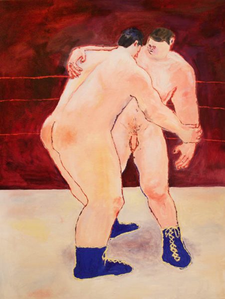 The painting illustrated two nude men fighting on a fighting ring, a red background, and a beige floor.