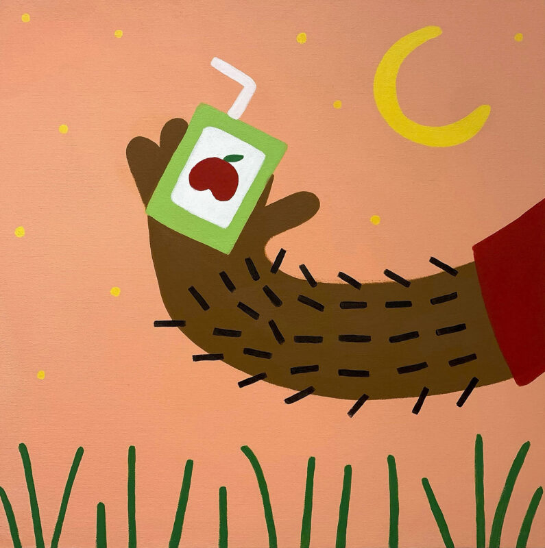 A brown skin toned hairy hand with red sleeve holding a light green juice box out in the field. In the background is an orange sunset with yellow stars and a moon.
