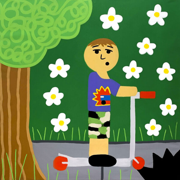 A light skin toned boy with purple car shirt riding a razor scooter. He is surrounded with white flowers, a tree, and a big pothole ahead of him.
