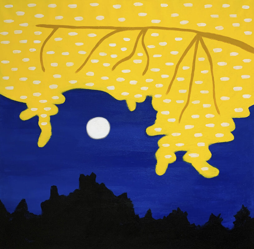 Landscape of a yellow tree lit behind a full moon with a dark blue sky background and black trees towards the bottom.