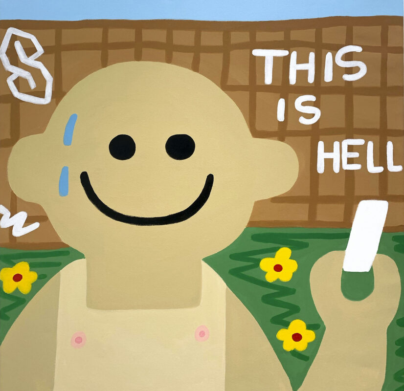 Bald light skin toned smiley face man with a farmers tan. Outside near a fence with yellow flowers, graffiting “This Is Hell.”